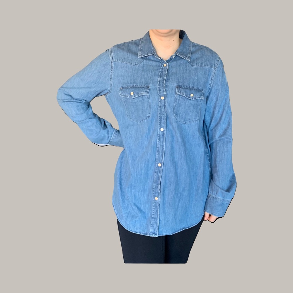 Upcycled Denim bleached Bigfoot or Sasquatch footprint button down shirt. - Picture 10 of 14